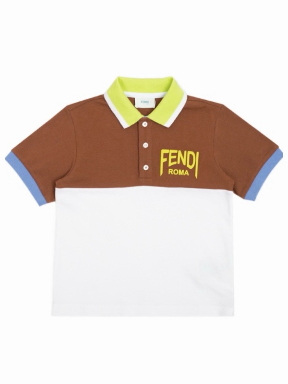 Fendi Kids Brown White Polo with Neon Yellow Collar